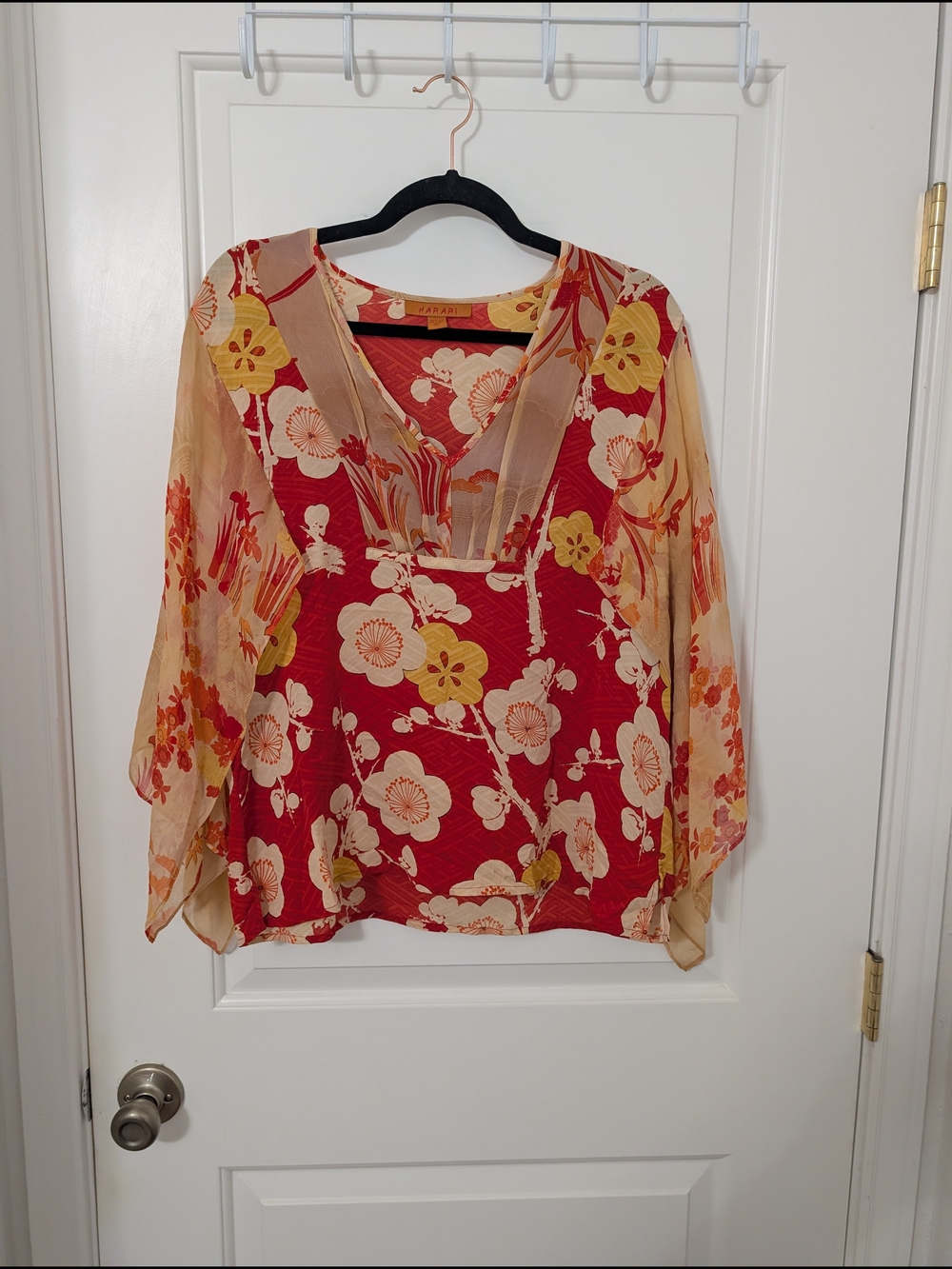 Harari 100% Silk Floral Kimono Blouse XL Red Boho Sheer Bell Sleeve
